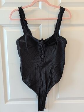 Free People Black Lace-Up Eyelet One-Piece Bodysuit